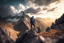 Hiker Standing At Mountain Summit Appreciating The Amazing View Of Landscape. Generative AI