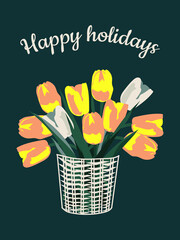 Canvas Print - Happy Holidays. Bouquet of flowers with on a dark green vertical background. Festive spring card. 