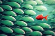 Think differently conceptual illustration. Red fish swimming in opposite way. Generative AI illustration