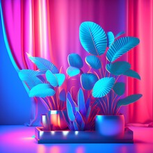 Isolated Gold Icon With Plants And Curtains On Background In Cyanide, Blue And Pink Neon Lighting. 3d Render - Generative Ai