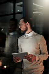 Fototapete - Tablet, thinking and business man at night for research, internet and social media by office window. Technology, communication and male with digital tech for email, networking and online website