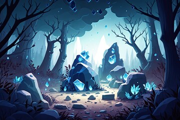 Sticker - Pictured a mysterious forest where enormous clusters of diamonds sparkle. Realistic Amazing Animated Artwork Examples of Artwork Used as Wallpaper, Story Background, or Greeting Card Design