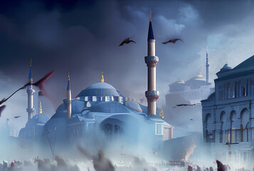 Wall Mural - Fantastic Sultanahmet Square, blue tones reflect winter, Generative AI