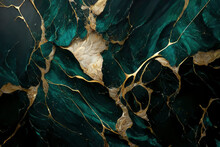 Marble Background Of Emerald Green Color With Gold Trim Or Gold Threads, Decorative Background For Elegance And Luxury Design Created With Generative AI Technology