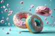 Pastel donuts with frosting in motion. Generative Ai