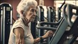 © Felippe Lopes - elderly lady working out at the gym, lifting weights and taking care of her health in old age. ai generative
