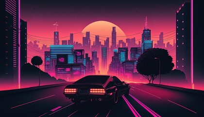 Wall Mural - Car retro wave or synthwave background, retro summer sunset wallpaper. generative ai