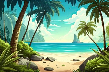 Wall Mural - tropical paradise with palm trees and a beautiful beach. Generative AI