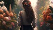 backview of a woman walking through a beautiful flower garden in the middle of the city with flowers on her head. spring concept. ai generative