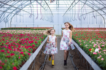 Two cheerful blondie caucasian girls in dresses have fun in green house with lots of flowers in blossom. Happy girls together holding hands