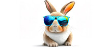 Cute Easter Bunny With Sunglasses Fabulous Cool Rabbit Wearing Colorful Shades, Brown And White Rabbit On White Background With Tinted Sunglasses. Image Created With Generative Ai.