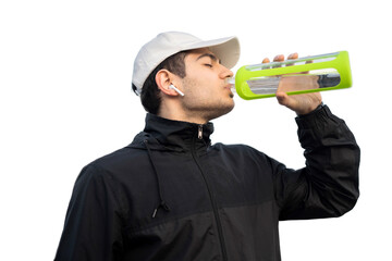 Wall Mural - A man drinks pure water from a glass bottle, transparent background, isolated png.