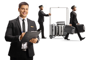 Sticker - Receptionist holding a clipboard and bellboys carrying suitcases and pushing a luggage cart