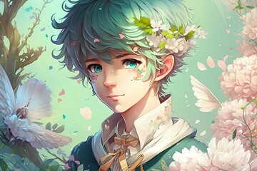 Magical cute anime boy with blooming spring flowers. Generative ai