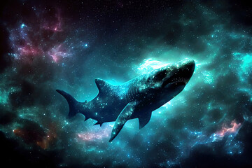  Aesthetic heavenly shark at universe full of stars on black background. 
Digitally generated AI image