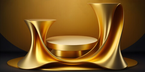 Abstract gold fabric podium on luxury 3D background with empty pedestal for elegant product presentation