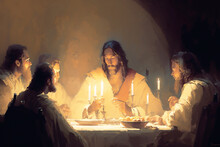 Painting Of Jesus Christ And The Apostles At The Last Supper - Ai Generative