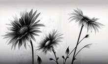  A Black And White Photo Of Three Sunflowers On A Window Sill, With A White Wall In The Background And A Black And White Photo In The Foreground.  Generative Ai
