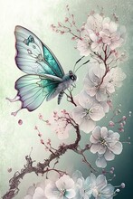 Butterfly With Cherry Blossoms On Soft Fairy Mist Background. Spring Theme. Generative AI.