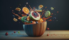  A Wooden Bowl Filled With Sliced Fruit And Splashing Oranges And Kiwis Into The Air On A Wooden Surface With Scattered Confection.  Generative Ai