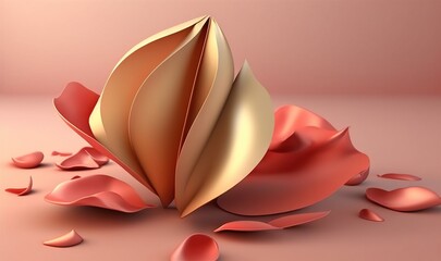  a pink and gold flower with petals on a pink surface with a light pink wall in the background and a light pink wall in the background.  generative ai