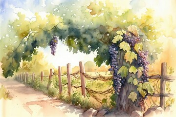Wall Mural - Watercolor painting of a vineyard with grapes hanging from a trellis. Generative AI