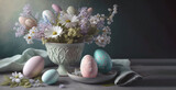 Fototapeta Na ścianę - Easter celebration table, Easter eggs and flowers, pastel color table setting close up. Generative AI