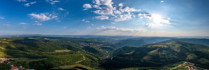 Wall Mural - Panoramic view from a drone of hills near Veliko Tarnovo, Bulgaria