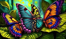  A Painting Of Two Butterflies On A Green Leafy Plant With Yellow And Blue Leaves In The Background And A Green And Yellow Background Behind.  Generative Ai