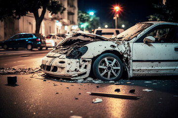 Wall Mural - Close-up of a white crashed car on the side of the road in the city, ai generative illustration