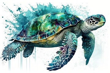 Canvas Print - Watercolor painting of a large sea turtle. Generative AI