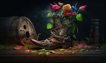  A Pair Of Boots With Flowers In Them Sitting On A Wooden Floor Next To A Barrel And A Spool Of Water On A Table.  Generative Ai