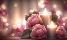  Three Candles With Roses On A Table With Blurry Lights In The Backround Of The Image And A Curtain In The Backround.  Generative Ai