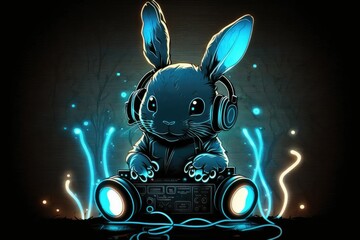 Canvas Print - young dj rabbit in neon shades and lights up to the beat. generative ai