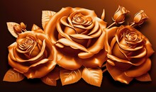  A Group Of Three Orange Roses With Leaves On A Brown Background With A Brown Background And A Brown Background With A Red Rose And Leaves.  Generative Ai