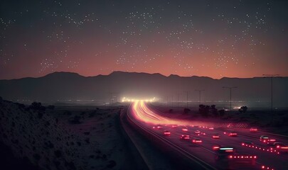 Wall Mural -  a night time picture of a highway with a lot of cars on it and a lot of stars in the sky above the road lights.  generative ai