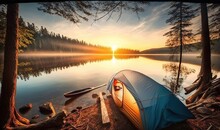  A Tent Pitched Up On The Shore Of A Lake With A Boat In The Water And The Sun Setting In The Distance Behind The Tent.  Generative Ai