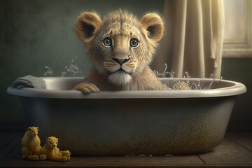 Wall Mural - baby lion in the bathtub, Generative Ai