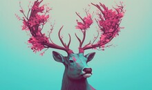  A Deer With Flowers In Its Antlers On A Blue And Pink Background With A Bird Flying Above It And A Tree With Pink Flowers In The Foreground.  Generative Ai