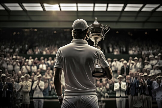 generative ai illustration of a tennis player holding the champion's cup on the center court of a te