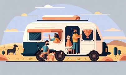 Wall Mural -  a man and a woman standing in front of a camper with a dog on a leash and a dog on a leash in front of them.  generative ai