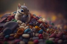 Forest Chipmunk Peeks Out In A Pile Of Baked Nuts, Blockages, Many. Generative AI