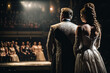 © Supermelon - Generative Illustration AI of a couple of opera singers looking at the audience in the opera house dressed in elegant clothes