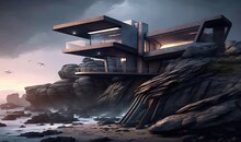  A Futuristic House On A Cliff Overlooking A Body Of Water With Birds Flying Around The House And The Cliff Is Covered In Rocks And Boulders.  Generative Ai