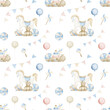 Baby seamless Pattern with Toys in pastel beige colors. Hand drawn watercolor illustration on isolated background with rocking horse and teddy bear for childish textile design or wrapping paper