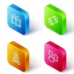 Wall Mural - Set Isometric line Butterfly, Skateboard, Rocket ship toy and Puzzle pieces icon. Vector