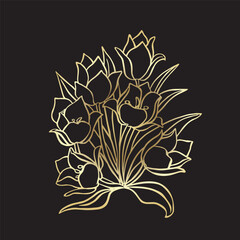 Poster - Flower tulip. Gold outline on black background, vector illustration