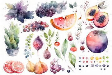 Sticker - Watercolor design fruit and leave Isolated on white background.