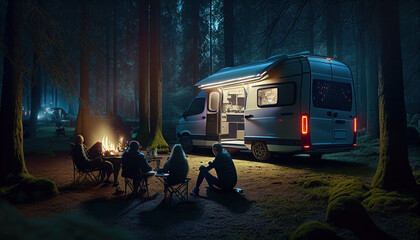 auto camping, a view of young people enjoying outdoor recreation around a campfire in the late eveni