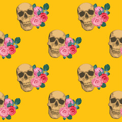 Wall Mural - Seamless pattern with human skulls and roses. Vector background with sinister smiling skulls. Graphic print for clothes, fabric, wallpaper, wrapping paper